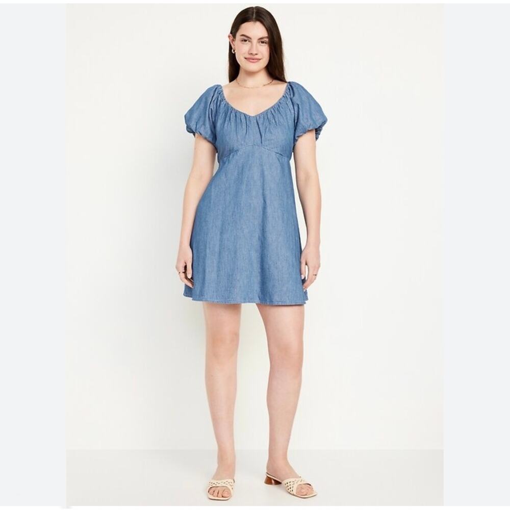 Old Navy Blue denim-effect Swing dress Flowy puff sleeves Smocked Back Sz.XL